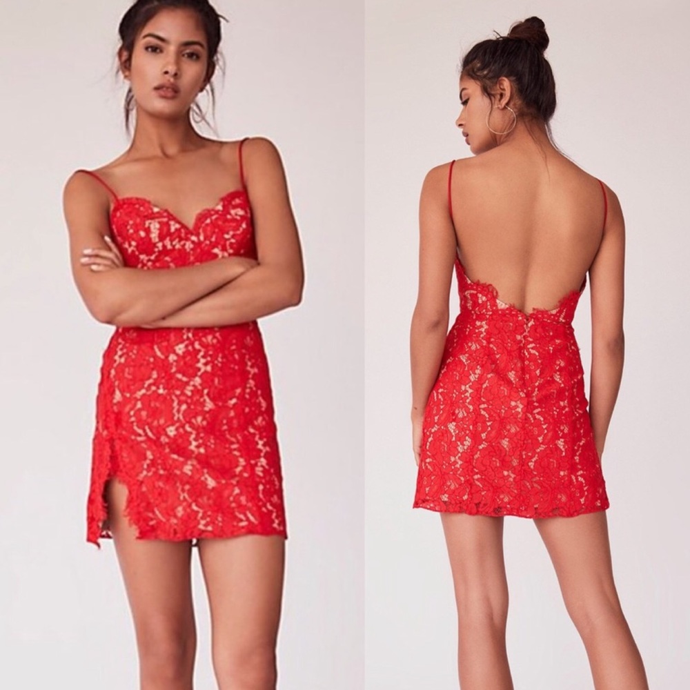 Free People x Fame and Partners Mollie Mini Dress Red Lace